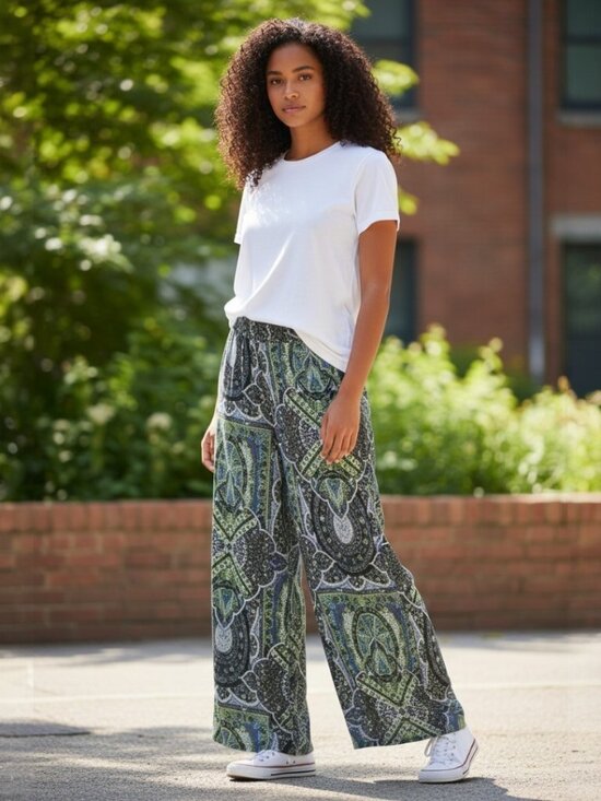 Bobbie Brooks Pants - Bobbie Brooks Size M Palazzo Wide Leg Pants in Blue and Green Pattern
